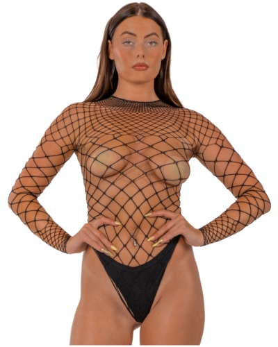 Lace by LJ Fence Net Long Sleeved Thong Bodysuit Black