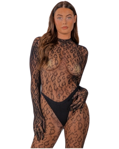Lace by LJ Gloved Leopard Print Catsuit Black